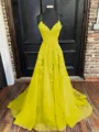 A-Line/Princess V-neck Sweep Train Tulle Prom Dress With Appliques Lace
