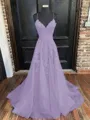 A-Line/Princess V-neck Sweep Train Tulle Prom Dress With Appliques Lace