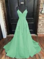 A-Line/Princess V-neck Sweep Train Tulle Prom Dress With Appliques Lace