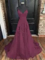 A-Line/Princess V-neck Sweep Train Tulle Prom Dress With Appliques Lace