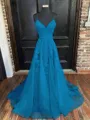 A-Line/Princess V-neck Sweep Train Tulle Prom Dress With Appliques Lace