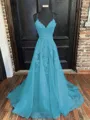 A-Line/Princess V-neck Sweep Train Tulle Prom Dress With Appliques Lace