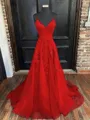 A-Line/Princess V-neck Sweep Train Tulle Prom Dress With Appliques Lace