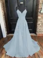 A-Line/Princess V-neck Sweep Train Tulle Prom Dress With Appliques Lace