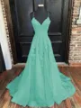 A-Line/Princess V-neck Sweep Train Tulle Prom Dress With Appliques Lace
