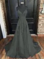 A-Line/Princess V-neck Sweep Train Tulle Prom Dress With Appliques Lace
