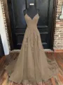 A-Line/Princess V-neck Sweep Train Tulle Prom Dress With Appliques Lace