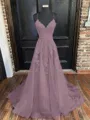 A-Line/Princess V-neck Sweep Train Tulle Prom Dress With Appliques Lace