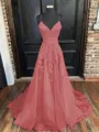 A-Line/Princess V-neck Sweep Train Tulle Prom Dress With Appliques Lace