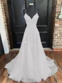 A-Line/Princess V-neck Sweep Train Tulle Prom Dress With Appliques Lace