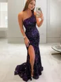 Sheath/Column One-Shoulder Sweep Train Velvet Sequins Prom Dress With Leg Slit