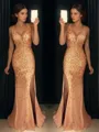 Sheath/Column V-neck Sweep Train Jersey Prom Dress With Leg Slit