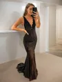 Sheath/Column V-neck Sweep Train Lace Prom Dress With Rhinestone