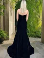 Trumpet/Mermaid Strapless Sweep Train Velvet Prom Dress