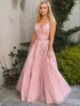 A-Line/Princess V-neck Floor-Length Tulle Prom Dress With Appliques Lace