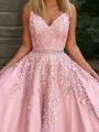 A-Line/Princess V-neck Floor-Length Tulle Prom Dress With Appliques Lace