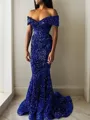 Trumpet/Mermaid Off-the-Shoulder Sweep Train Velvet Sequins Prom Dress