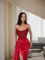 Sheath/Column Strapless Sweep Train Silk Like Satin Prom Dress With Leg Slit