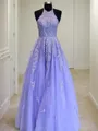 A-Line/Princess Halter Floor-Length Tulle Prom Dress With Appliques Lace
