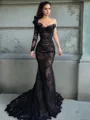 Sheath One-Shoulder Long Sleeves Sweep Train Lace Corset Porm Dress