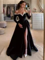 A-line Off-the-Shoulder Long Sleeves Beading Floor-Length Satin Porm Dress