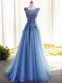 Ball Gown Jewel Sweep Train Tulle Prom Dress With Appliques Lace