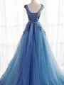 Ball Gown Jewel Sweep Train Tulle Prom Dress With Appliques Lace