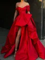 A-line Off-the-Shoulder Pleated Sweep Train Satin Porm Dress