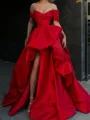 A-line Off-the-Shoulder Pleated Sweep Train Satin Porm Dress