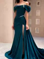 Sheath Cold Shoulder Pleated Court Train Silk Like Satin Porm Dress