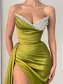 Sheath V-neck Beading Sweep Train Silk Like Satin Porm Dress