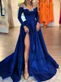 A-line Halter Long Sleeves Rhinestone Sweep Train Silk Like Satin Porm Dress