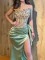 Sheath Straight Pleated Sweep Train Silk Like Satin Corset Porm Dress