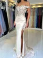 Sheath Off-the-Shoulder Appliques Lace Sweep Train Silk Like Satin Corset Porm Dress