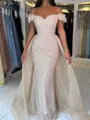Sheath Off-the-Shoulder Pleated Sweep Train Porm Dress With Detachable Train