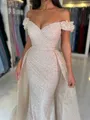 Sheath Off-the-Shoulder Pleated Sweep Train Porm Dress With Detachable Train