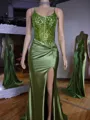 Sheath V-neck Appliques Lace Sweep Train Silk Like Satin Corset Porm Dress