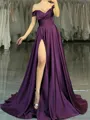 A-line Off-the-Shoulder Pleated Sweep Train Silk Like Satin Porm Dress