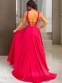 A-Line/Princess V-neck Sweep Train Silk Like Satin Prom Dress With Ruffles