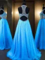 A-Line/Princess Jewel Sweep Train Tulle Prom Dress With Beading