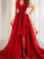 A-Line/Princess V-neck Court Train Organza Prom Dress With Ruffles