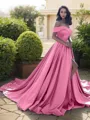 A-Line/Princess Off-the-Shoulder Court Train Satin Prom Dress With Leg Slit
