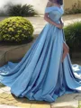 A-Line/Princess Off-the-Shoulder Court Train Satin Prom Dress With Leg Slit