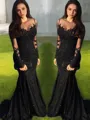 Trumpet/Mermaid Sheer Neck Sweep Train Tulle Prom Dress With Appliques Lace