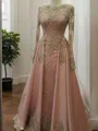 A-Line/Princess Scoop Floor-Length Tulle Prom Dress With Appliques Lace