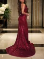 Trumpet/Mermaid V-neck Court Train Sequins Prom Dress With Leg Slit