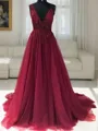 A-Line/Princess V-neck Sweep Train Tulle Prom Dress With Ruffles