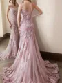 Trumpet/Mermaid Spaghetti Straps Sweep Train Lace Prom Dress With Appliques Lace