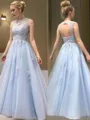A-Line/Princess Sheer Neck Floor-Length Tulle Prom Dress With Appliques Lace