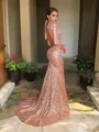 Trumpet/Mermaid V-neck Court Train Sequins Prom Dress With Ruffles